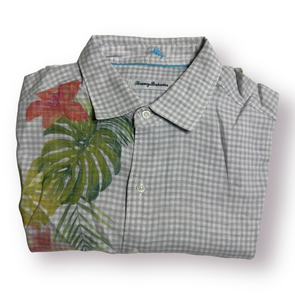 Tommy‎ Bahama Mens Shirt Long Sleeve Hawaiian Palm Leaves Medium Linen Button Up